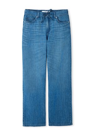 Lichtblauwe wijde jeans van denim met een tailleband met trekkoord, twee voorzakken en zichtbare stikseldetails.