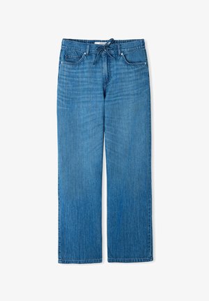 Lichtblauwe wijde jeans van denim met een tailleband met trekkoord, twee voorzakken en zichtbare stikseldetails.