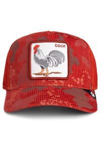 Casquette en velours côtelé à motif camouflage rouge avec un patch brodé d'un coq gris et du mot "COQ" à l'avant.