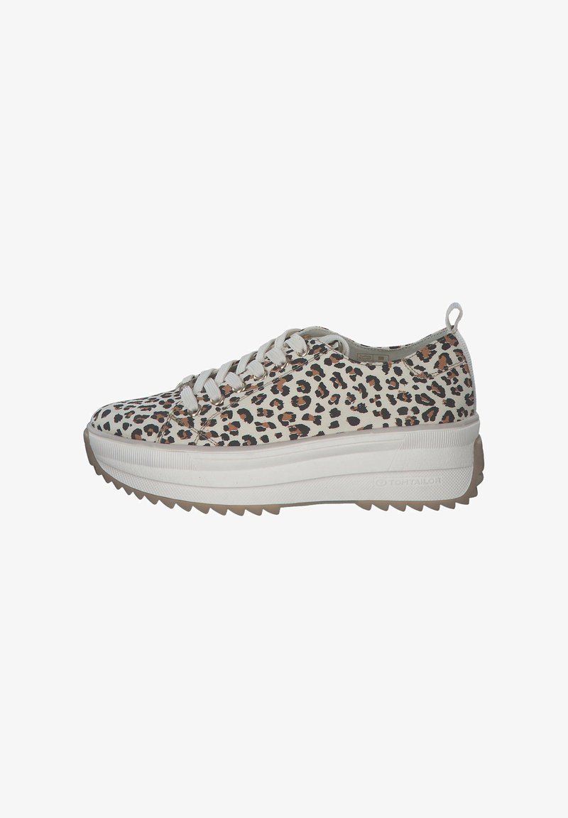 Leopardimustriga sneakerid valgete ja pruunide aktsentidega, millel on lame lipsu kujundus, paks platvormkumm ja tekstureeritud kummist välistald.