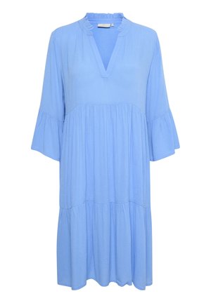 Hele sinine põlvikute pikkusega kleit V-kaelusega, rippuvate krae ja kihilise disainiga. Omab põlve ulatuvaid, külje alt laienevaid varrukaid. Pehme tekstuur.