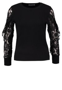 Černý svetr s dlouhými rukávy, s pevným pleteným předním a zadním dílem, s květinovou krajkovou výšivkou na rukávech a žebrovanými manžetami a spodním lemem.