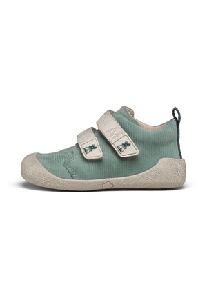 Velvet-textured, light green shoe with two adjustable straps, contrasting beige sole, and textured outsole. Suitable for casual wear.