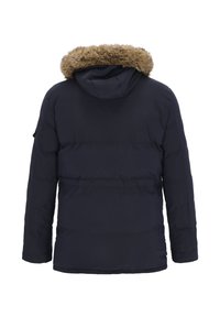 Granatowa kurtka puchowa z kapturem wyłożonym sztucznym futrem, charakteryzująca się pikowanym wzorem i długimi rękawami, zaprojektowana z myślą o cieple i komforcie.