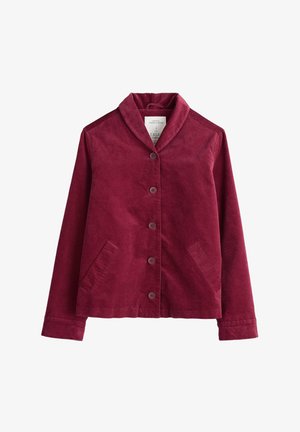 Bordeauxkleurig corduroy jack met knopen, een sjaalkraag, twee voorzakken, lange mouwen en een rechte zoom.