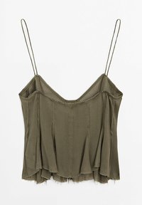 Haut sans manches vert olive avec fines bretelles spaghetti et ourlet ample et superposé avec bords bruts.