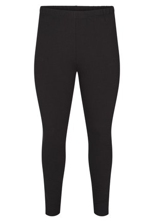 Černé legíny vyrobené z elastického materiálu, s hladkým povrchem a elastickým pasem, s slim-fit střihem zasahujícím až k kotníkům.
