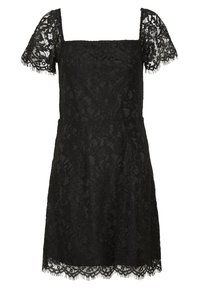 Abito in pizzo nero con scollatura quadrata, maniche corte in pizzo e orlo a giorno. Presenta un corpetto aderente e un motivo floreale texture.