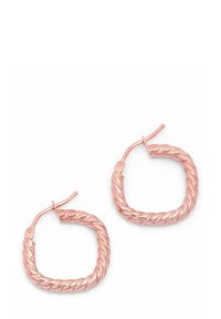 Rose gold hoop earrings with a twisted design and polished finish. Slightly squared shape with a secure closure mechanism.