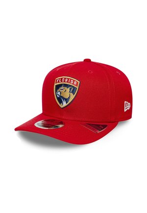 Rote Baseballkappe mit einem Florida Panthers-Logo vorne und einem New Era-Logo an der Seite.