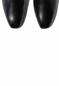 Zapatos de cuero negro con punta afilada y acabado suave, con un hardware mínimo. Diseño limpio que enfatiza líneas elegantes y una apariencia pulida.