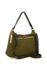 Borsa a mano in pelle verde oliva con manici in pelle nera, zip dorata e etichetta dorata incisa "CATERINA LUCCHI" su sfondo bianco.