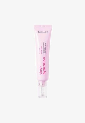 Banila Co Bounce Eye Cream i en blød lyserød tube. Har en nem at trykke på dispenser. Teksten inkluderer "dear hydration" med fed lyserød skrift.