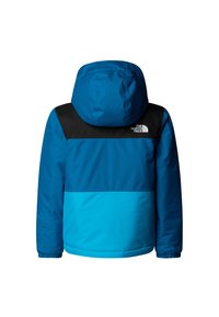 Modrá a tyrkysová bunda s čiernym panelom na ramenách. Čalúnený dizajn, nastaviteľné manžety a kapucňa. Obsahuje logo "The North Face".