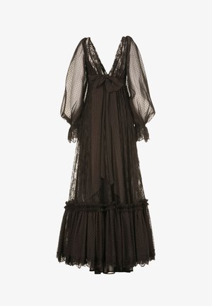 Rochie maxi din dantelă neagră transparentă, cu decolteu adânc în V, mâneci lungi cu bufant, fundă mare în față și tiv volanat.