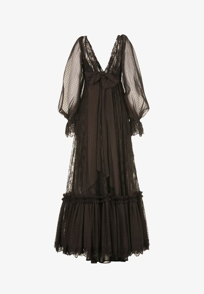 Černé průhledné krajkové maxi šaty s hlubokým V-výstřihem, dlouhými nadýchanými rukávy, velkou přední mašlí a řaseným lemem.