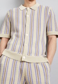 Gebreide poloshirt met korte mouwen in crème, met verticale strepen in blauw, paars en bruin, voorzien van een geribde kraag en knoopsluiting.