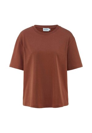 Bruine katoenen T-shirt met korte mouwen, een ronde hals en een losse pasvorm. Stevige textuur, geen zichtbare patronen of hardwaredetails.