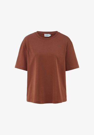 Braunes Baumwoll-T-Shirt mit kurzen Ärmeln, Rundhalsausschnitt und lockerer Passform. Glatte Textur, keine sichtbaren Muster oder Hardware-Details.