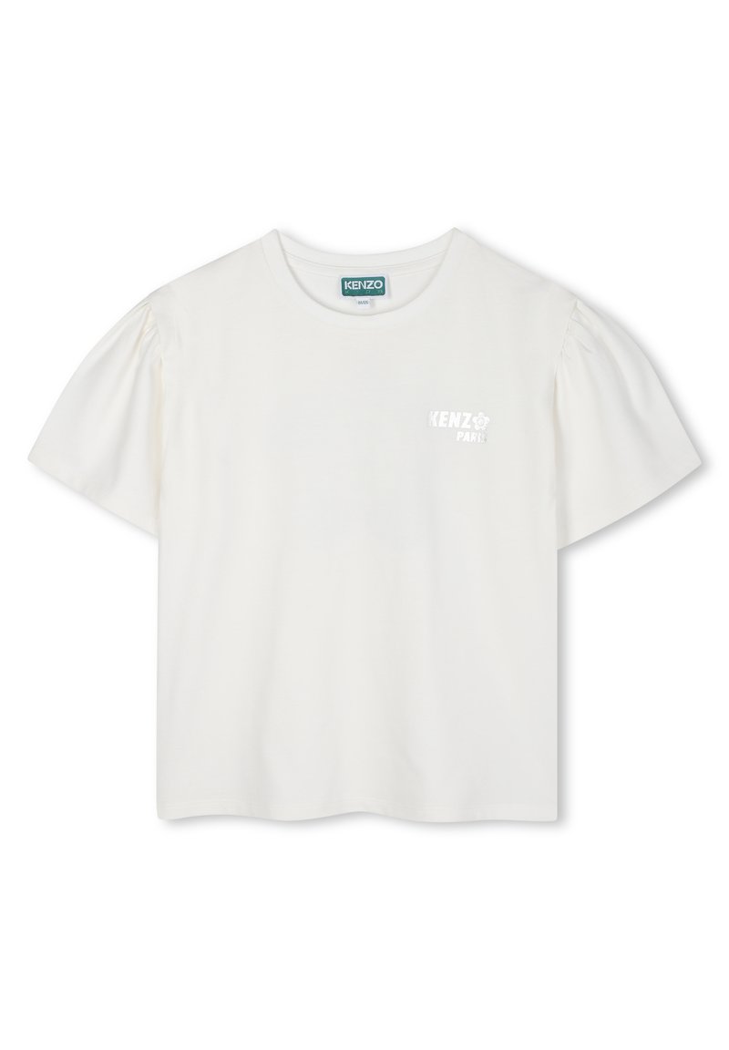 T-shirt bianca a maniche corte in cotone, con maniche a palloncino e un sottile logo "KENZO PARIS" stampato leggermente sul petto.