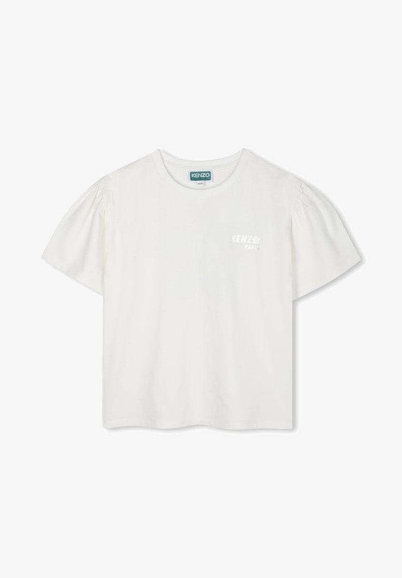 T-shirt bianca a maniche corte in cotone, con maniche a palloncino e un sottile logo "KENZO PARIS" stampato leggermente sul petto.