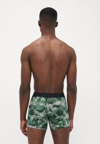 Boksarji iz mehkih materialov z zelenim listnatim vzorcem, kratke dolžine in črnim elastiko pasom. Splošna gladka tekstura.