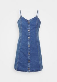 Denim dress with spaghetti straps, fitted bodice, and a-line shape. Features front button closure and contrasting stitching details.