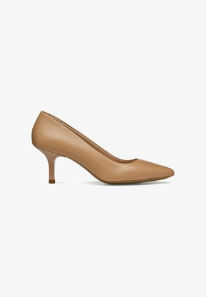 Beige leather pump with a pointed toe, slim heel, and smooth texture, featuring a low-cut design and subtle stitching detail.