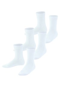 Weiße Baumwollsocken mit gerippten Bündchen und einer glatten Textur. Set aus sechs Paaren, knöchellanges Design, nahtlose Zehenkonstruktion.