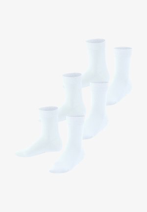 Weiße Baumwollsocken mit gerippten Bündchen und einer glatten Textur. Set aus sechs Paaren, knöchellanges Design, nahtlose Zehenkonstruktion.