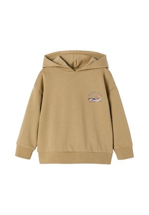 Beige hooded sweatshirt with ribbed cuffs and hem, featuring a small helicopter graphic and "Discovery Flight" text on the chest.