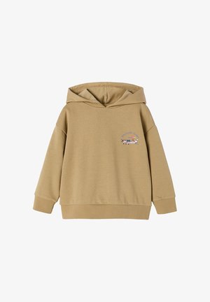 Beiger Kapuzenpullover mit gerippten Bündchen und Saum, mit einer kleinen Hubschrauber-Grafik und dem Schriftzug "Discovery Flight" auf der Brust.