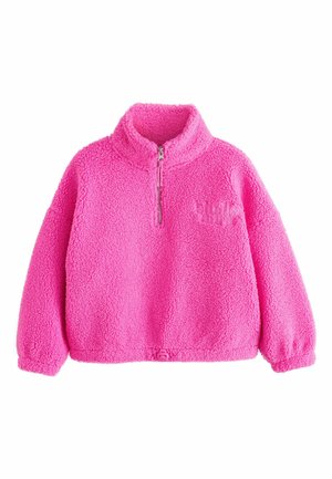 Hell-pinker Fleece-Pullover mit langen Ärmeln, hohem Kragen, halbem Reißverschluss und strukturiertem Stoff, dargestellt auf weißem Hintergrund.