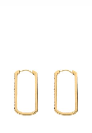 Boucles d'oreilles en or en forme rectangulaire, avec une surface lisse et une rangée de petites cristaux transparents le long d'un bord.