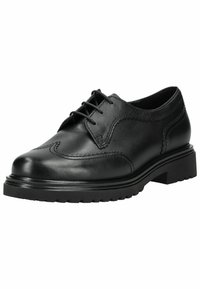 Schwarze Lederdressschuhe mit runder Zehenform, dekorativer Naht und einer stabilen Gummisohle. Verfügt über ein Schnürdesign und einen flachen Absatz.