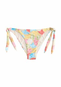 Bikini kelnaitės su įvairiaspalviu margu modeliu pastelinių atspalvių. Yra šoninės juostos ir sklandus vidinis pamušalas.