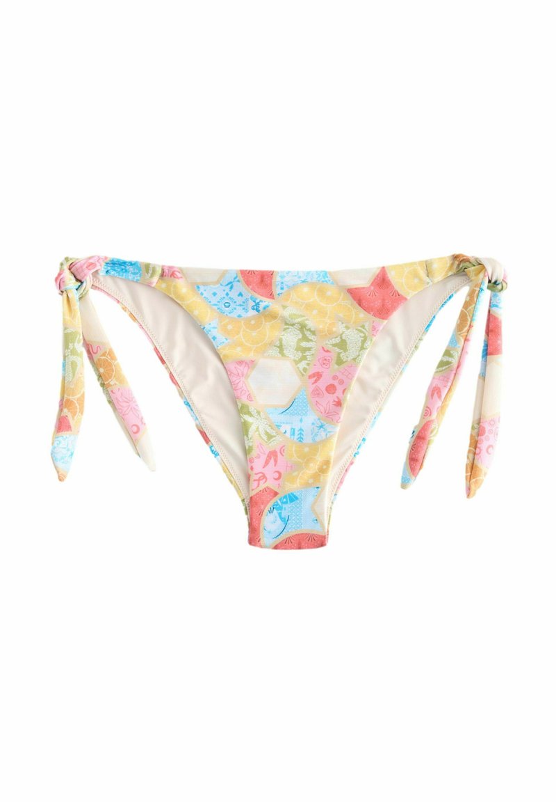 Bikini kelnaitės su įvairiaspalviu margu modeliu pastelinių atspalvių. Yra šoninės juostos ir sklandus vidinis pamušalas.