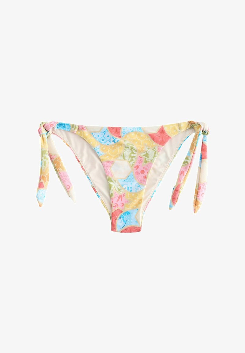Bikini kelnaitės su įvairiaspalviu margu modeliu pastelinių atspalvių. Yra šoninės juostos ir sklandus vidinis pamušalas.