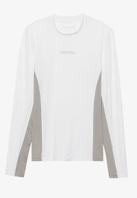 Langärmliges Hemd in Weiß mit grauen Seitenpaneelen, aus glattem Stoff. Verfügt über ein kleines, dezentes Logo am Mittelpunkt des Vorderhalsauschnitts.
