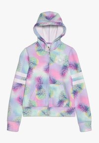 Sweat à capuche zippé avec un design pastel et des motifs d'ananas, une poche avant et des accents rayés blancs sur les manches.