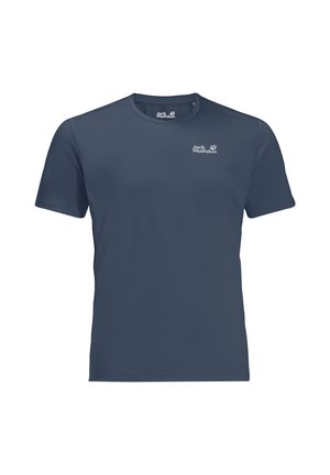 Marineblaues Jack Wolfskin Kurzarm-T-Shirt mit Rundhalsausschnitt und Logoaufdruck auf der linken Brust und im Kragen innen.