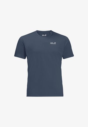 Marineblaues Jack Wolfskin Kurzarm-T-Shirt mit Rundhalsausschnitt und Logoaufdruck auf der linken Brust und im Kragen innen.
