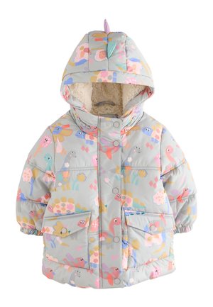 Gewatteerde winterjas voor kinderen met capuchon, met een kleurrijke print van een dinosaurus en bloemen op lichtgrijze stof en fleece voering aan de binnenkant.