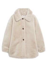 Manteau en fausse fourrure beige avec grand col et trois gros boutons foncés sur le devant, manches longues et texture douce et moelleuse.
