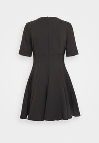 Black dress with short sleeves, fitted bodice, and flared skirt. Smooth fabric with a back zipper and clean stitching details.