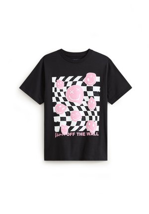Czarny T-shirt z krótkim rękawem, z czarno-białą, zdeformowaną szachownicą i siedmioma różowymi uśmiechniętymi buźkami, na dole napis "Vans Off The Wall".