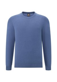 Mėlynas megztinis su apvalia kaklo iškirpte, ilgomis rankovėmis ir raukšlėmis ant rankogalių ir apačios. Paprastas dizainas ir švelni tekstūra.