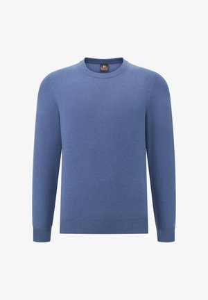 Modrý pletený sveter s okrúhlym výstrihom, dlhými rukávmi a rebrovanými manžetami a spodným lemom. Jednoduchý dizajn a hladká textúra.