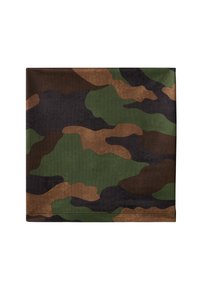 Gaiter camouflage in verde, marrone e nero. Realizzato in tessuto morbido con una texture liscia e una forma rettangolare. Presenta un orlo curvo.