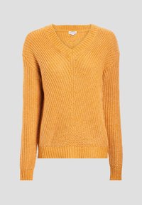 Senfgelber gestrickter Pullover mit V-Ausschnitt, gerippten Bündchen und Saum. Strukturierter Stoff mit lockerer Passform und langen Ärmeln.